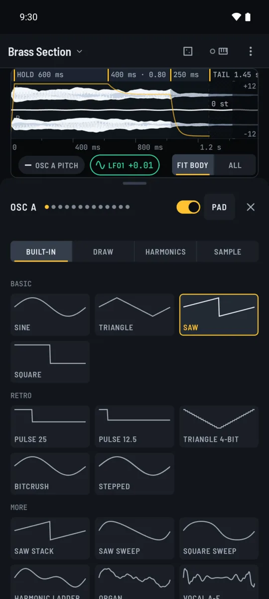 The OSC A inspector with the built-in wavetables