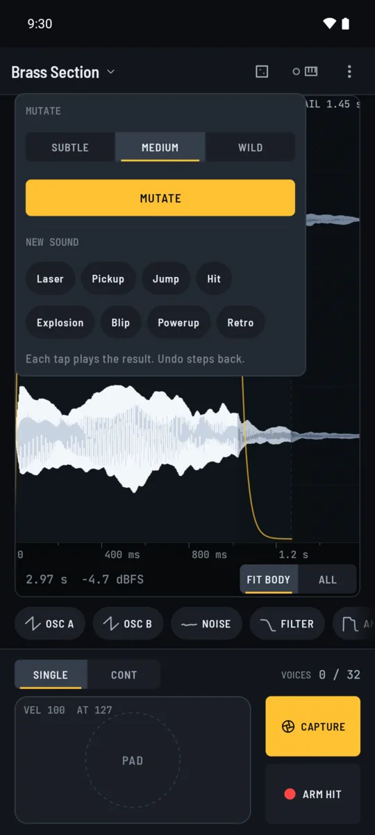 The dice menu with mutate amounts and new sound kinds
