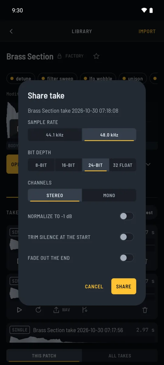 The share dialog with WAV format options